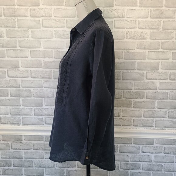 Hanna G Long Sleeve Pleated Front Linen Shirt S Relaxed Lagenlook Minimalist - Picture 3 of 9
